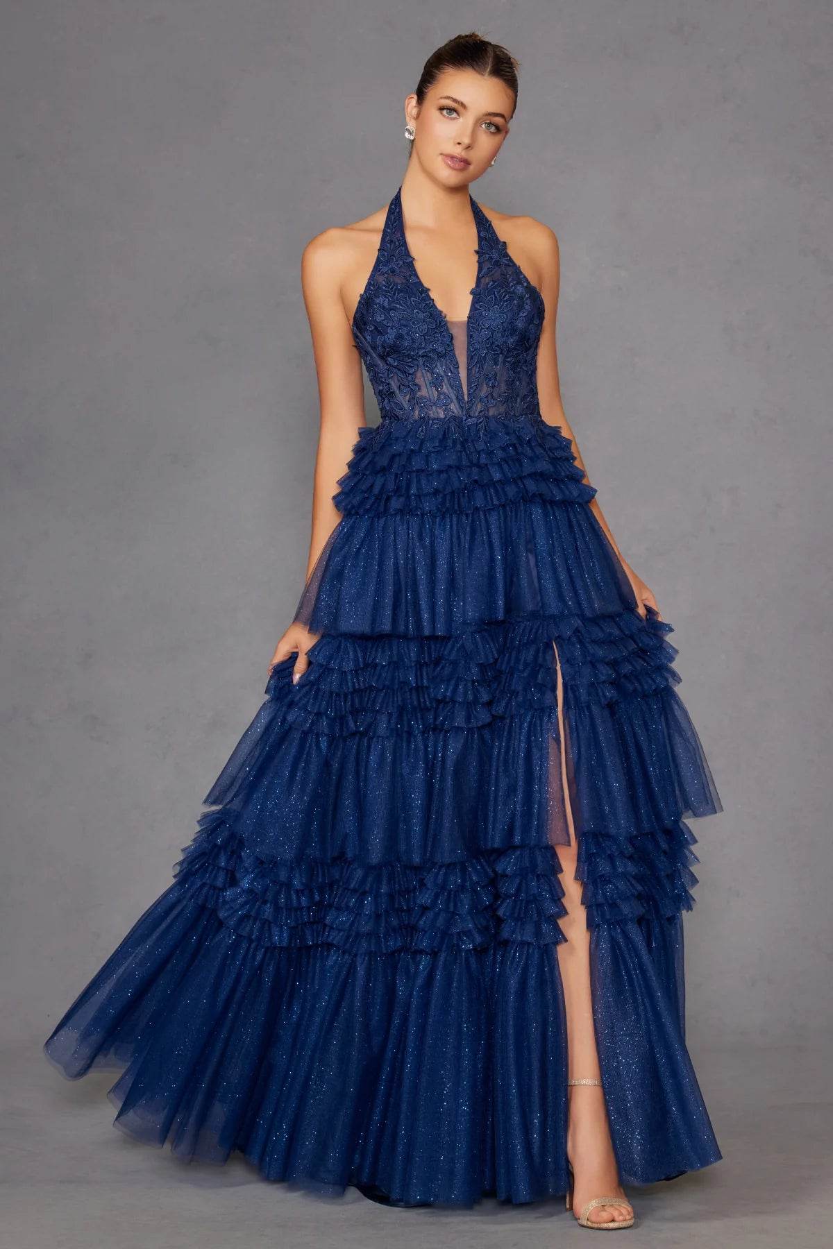 Juliet Halter Ruffled A-line Slit Gown JT2556S - Rosa Apparel