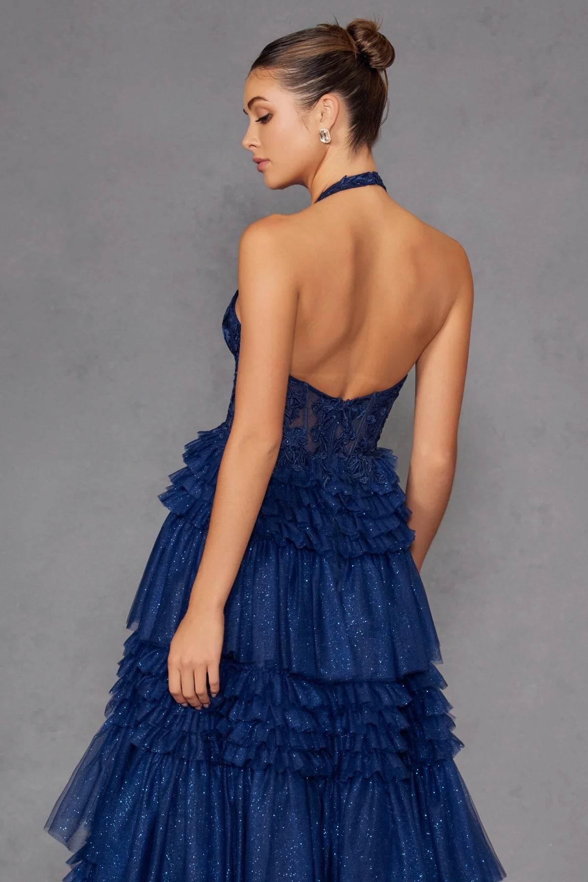 Juliet Halter Ruffled A-line Slit Gown JT2556S - Rosa Apparel