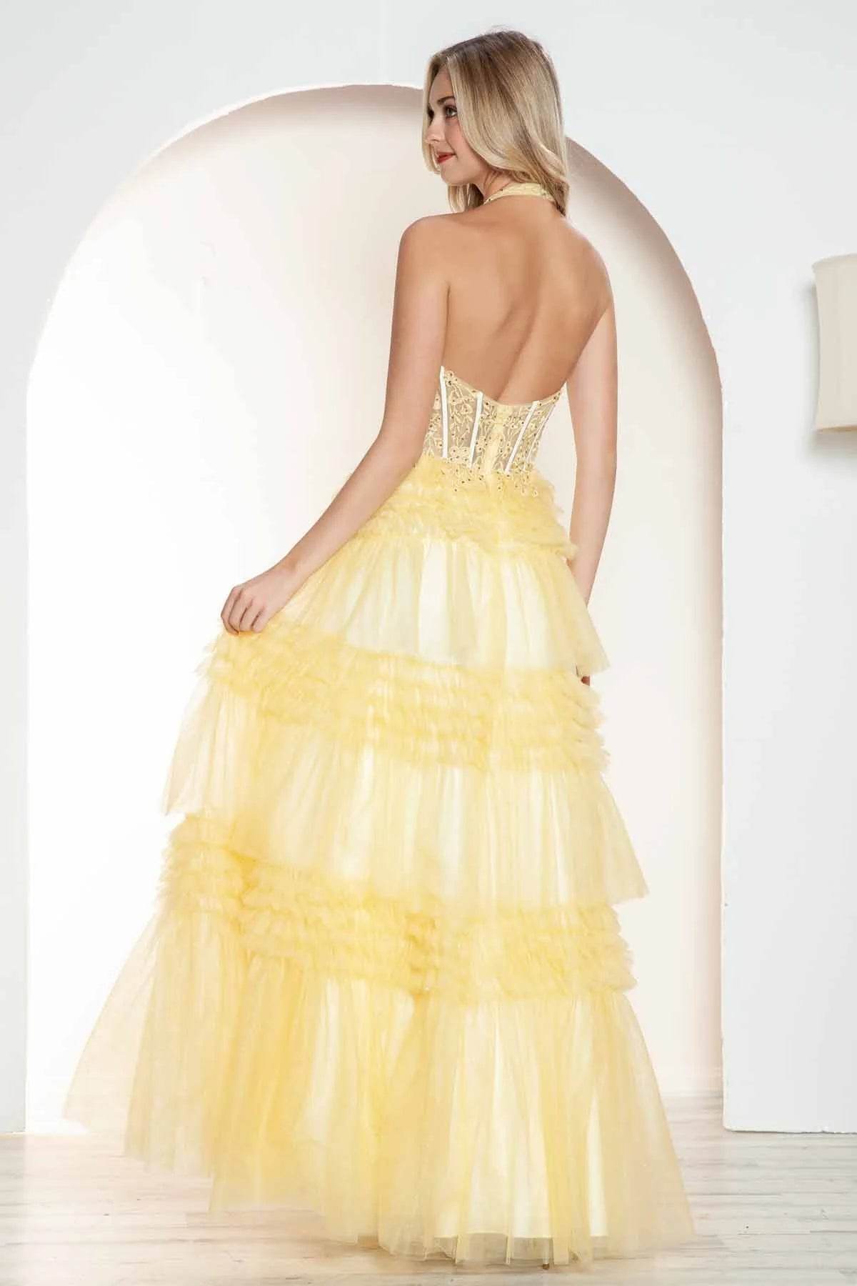 Juliet Halter Ruffled A-line Slit Gown JT2556S - Rosa Apparel