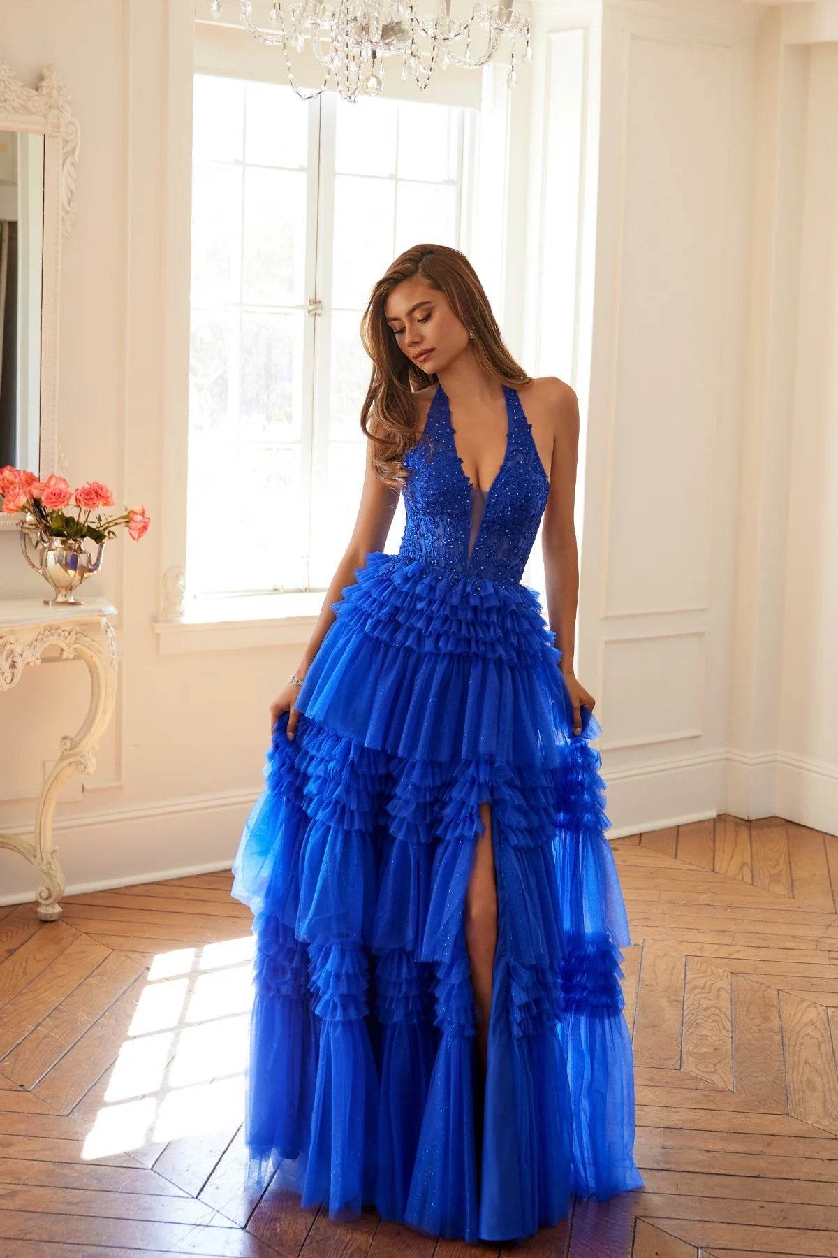 Juliet Halter Ruffled A-line Slit Gown JT2556S - Rosa Apparel