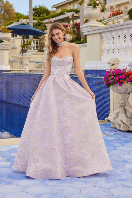 Juliet Jacquard Strapless Ball Gown with Structured Corset Bodice and Choker JT2693A Lilac