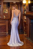 Juliet Jeweled Fitted Gown with V-Neckline and Front Slit JT2619U Blue