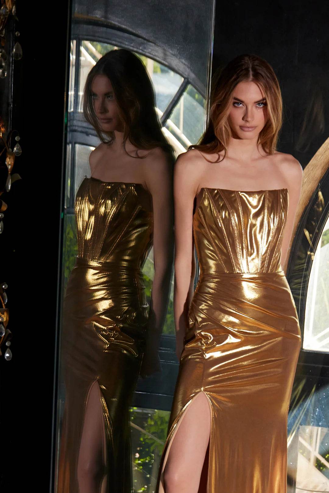 Juliet Luxe Metallic Strapless Slit Evening Gown JT2500A - Rosa Apparel