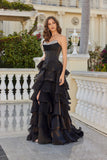 Juliet Moonlight Organza Strapless Layered Gown with Tiered Ruffle Skirt JT2664S Black