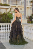 Juliet Moonlight Organza Strapless Layered Gown with Tiered Ruffle Skirt JT2664S Black