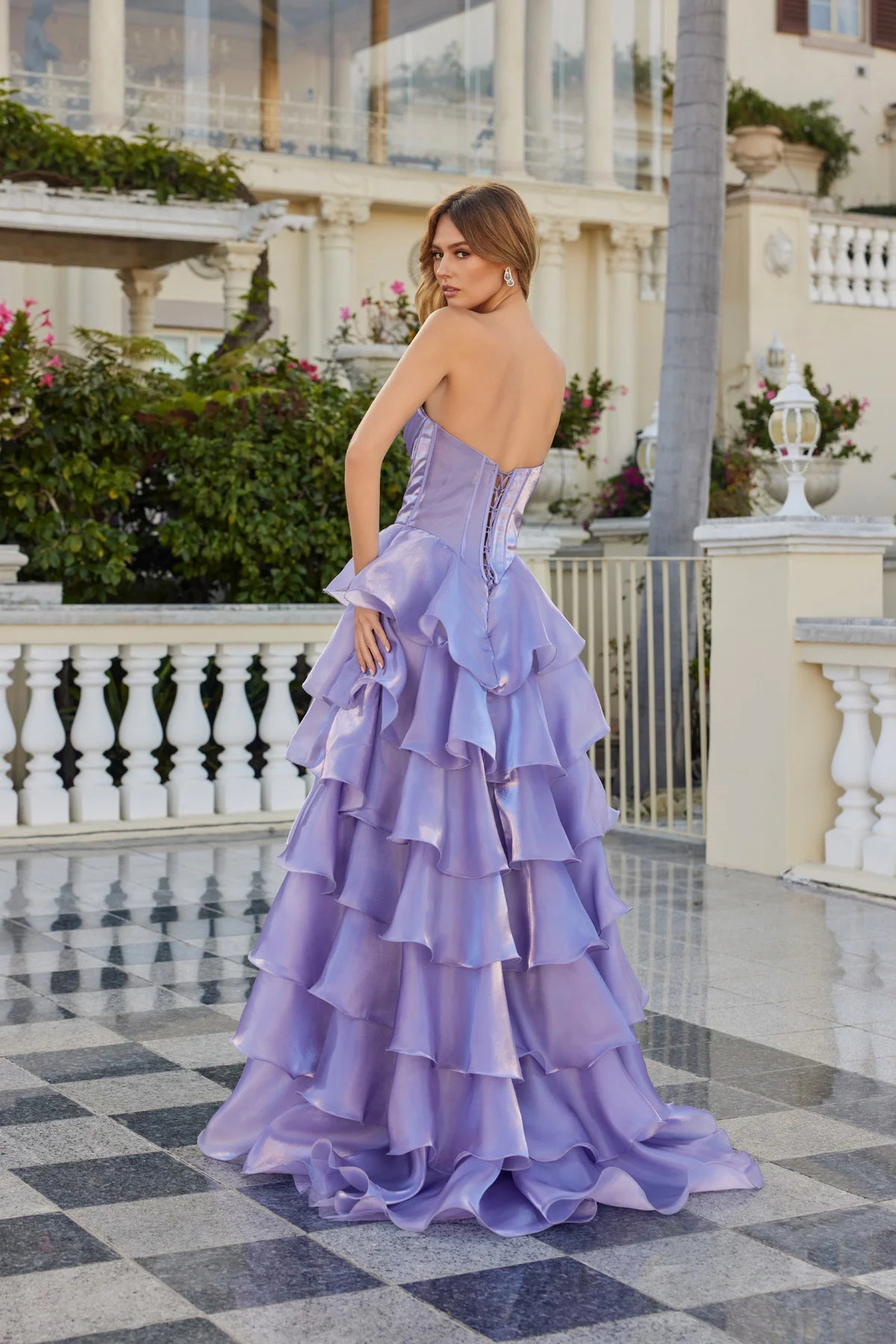 Juliet Moonlight Organza Strapless Layered Gown with Tiered Ruffle Skirt JT2664S Purple