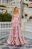 Juliet Moonlight Organza Strapless Layered Gown with Tiered Ruffle Skirt JT2664S Pink