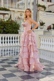 Juliet Moonlight Organza Strapless Layered Gown with Tiered Ruffle Skirt JT2664S Pink