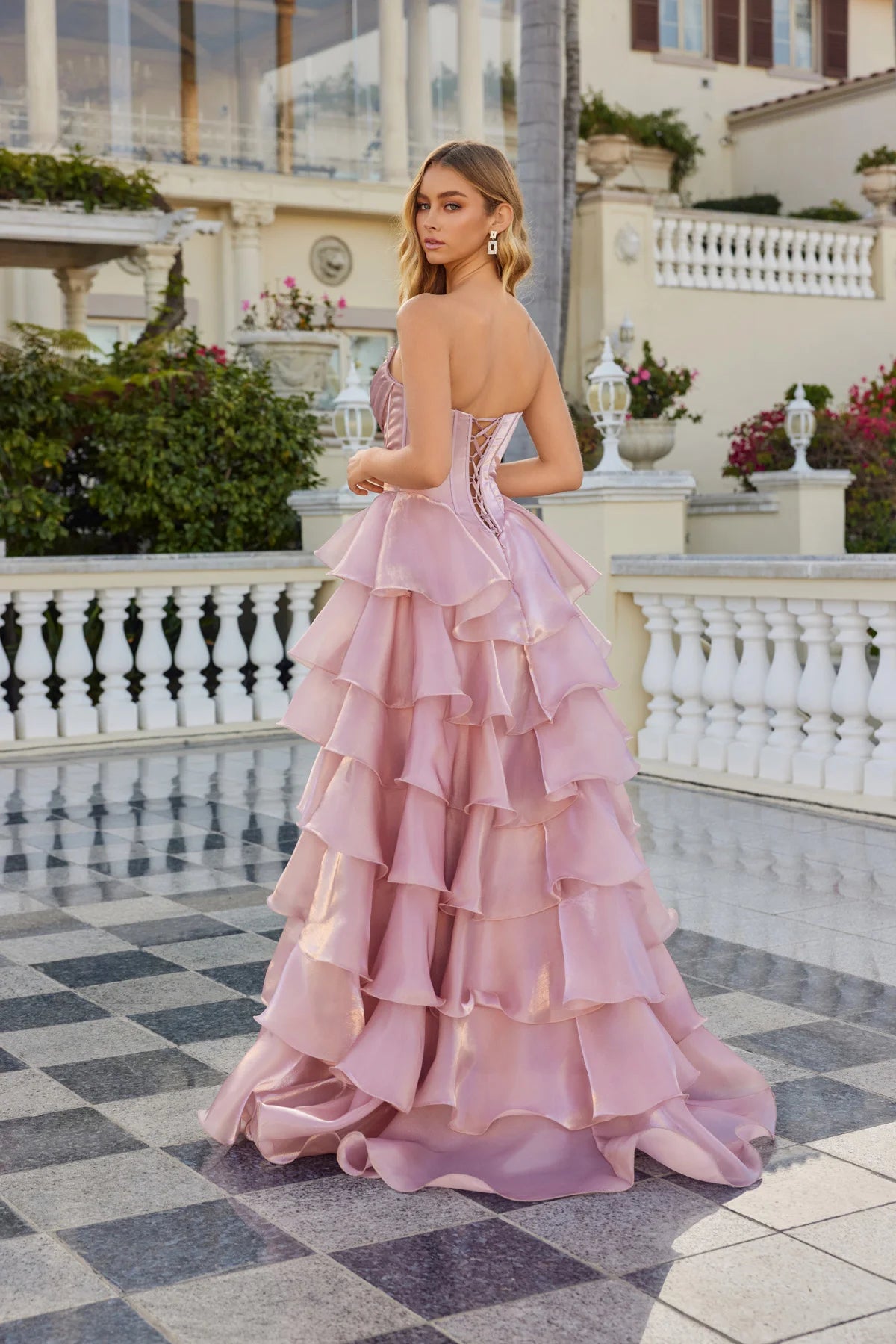 Juliet Moonlight Organza Strapless Layered Gown with Tiered Ruffle Skirt JT2664S Pink