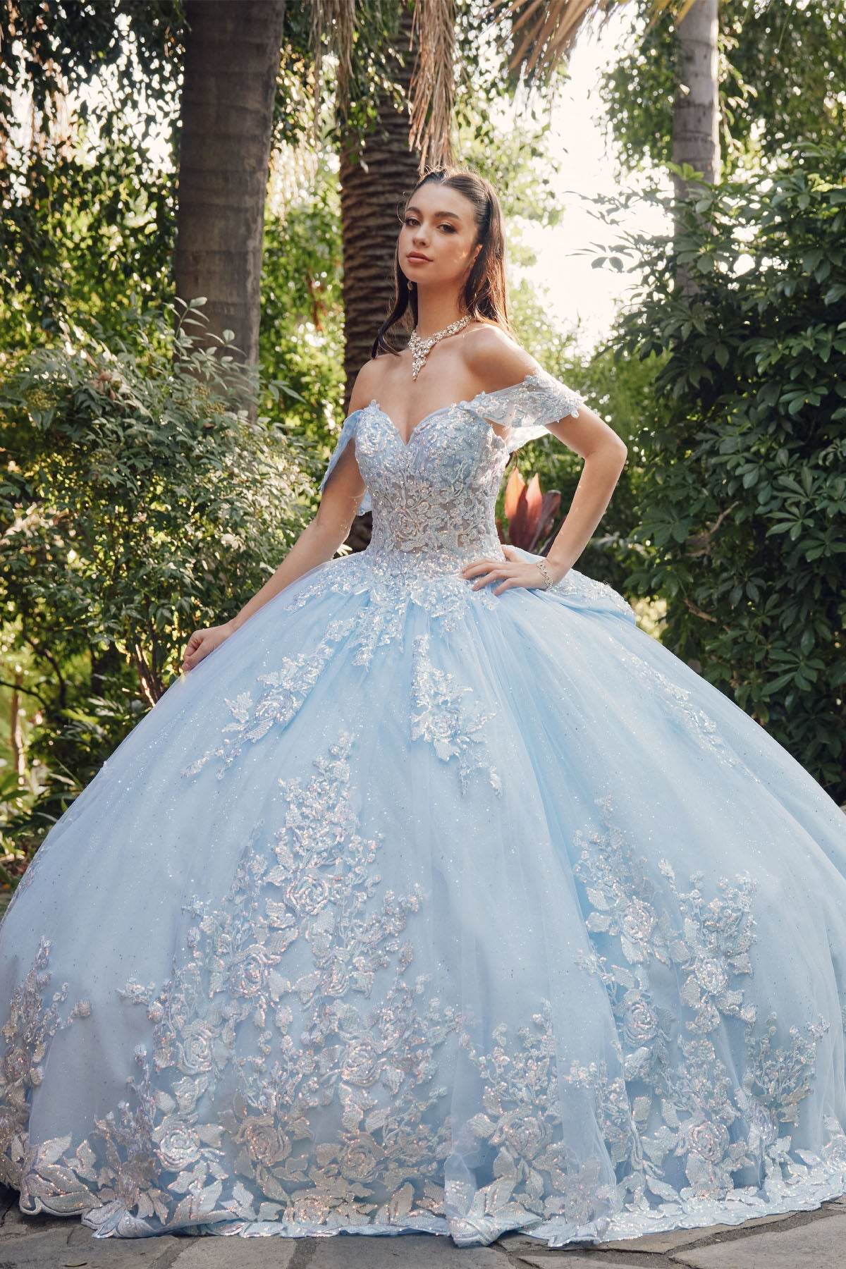 Juliet Off-The-Shoulder Embroidery Back Bow Quinceanera Ball Gown - JT1458J - Rosa Apparel