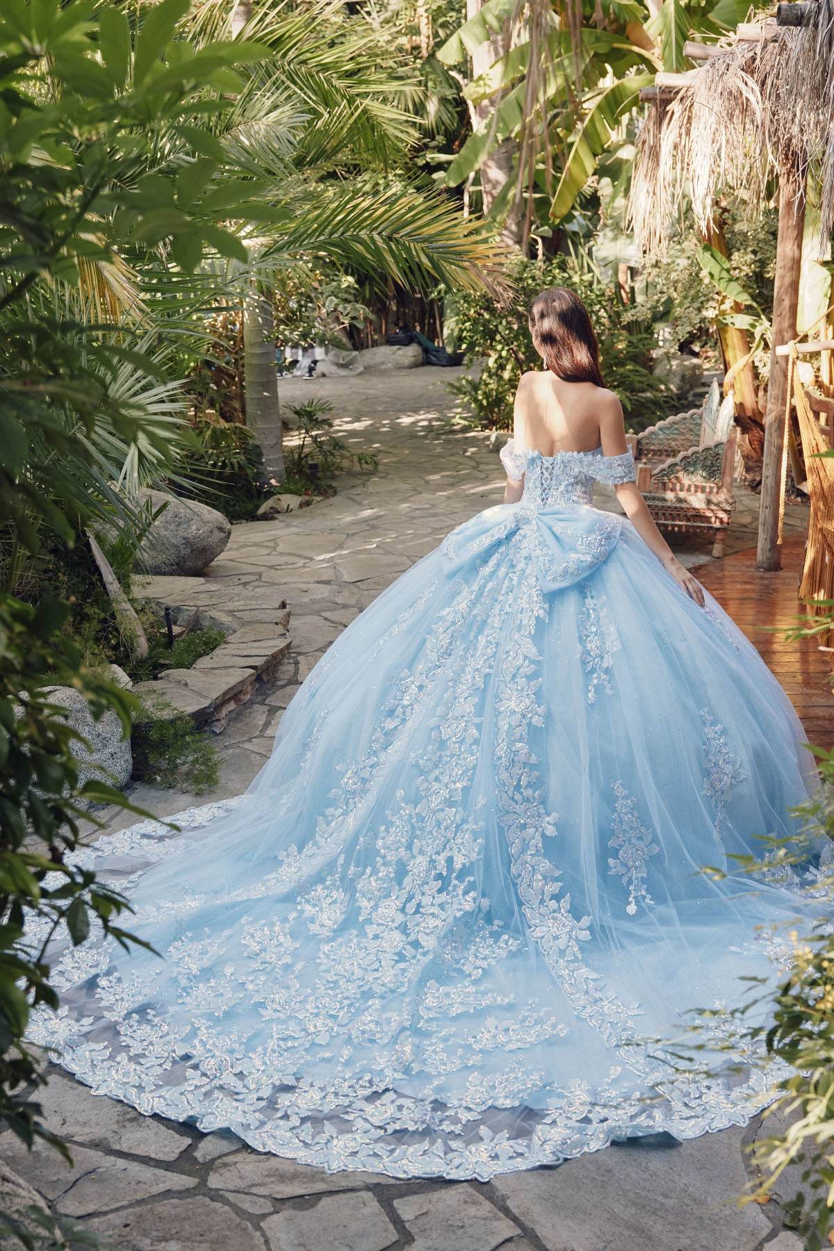Juliet Off-The-Shoulder Embroidery Back Bow Quinceanera Ball Gown - JT1458J - Rosa Apparel