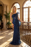 Juliet One-Shoulder Beaded Mesh Gown with Overlay JT2723C