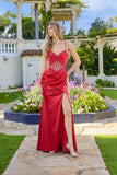 Juliet Satin Corset Bodice Gown with Side Slit JT2659S Red