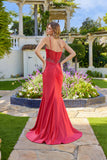 Juliet Satin Spaghetti-Strap Sheer Beaded Corset Gown with High Slit JT2650K Red