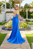 Juliet Satin Spaghetti-Strap Sheer Beaded Corset Gown with High Slit JT2650K Royal Blue
