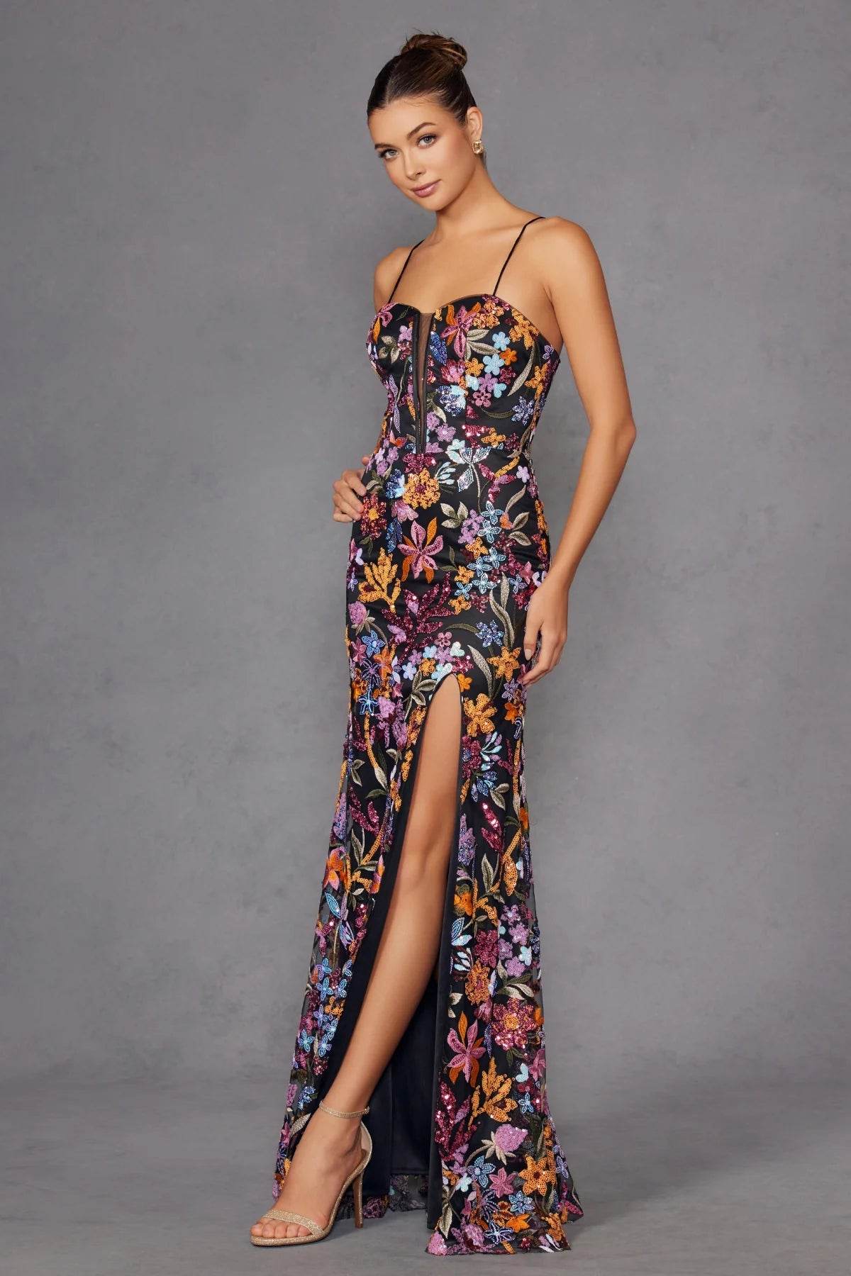 Juliet Sequin Print Sleeveless Slit Gown JT2498A - Rosa Apparel