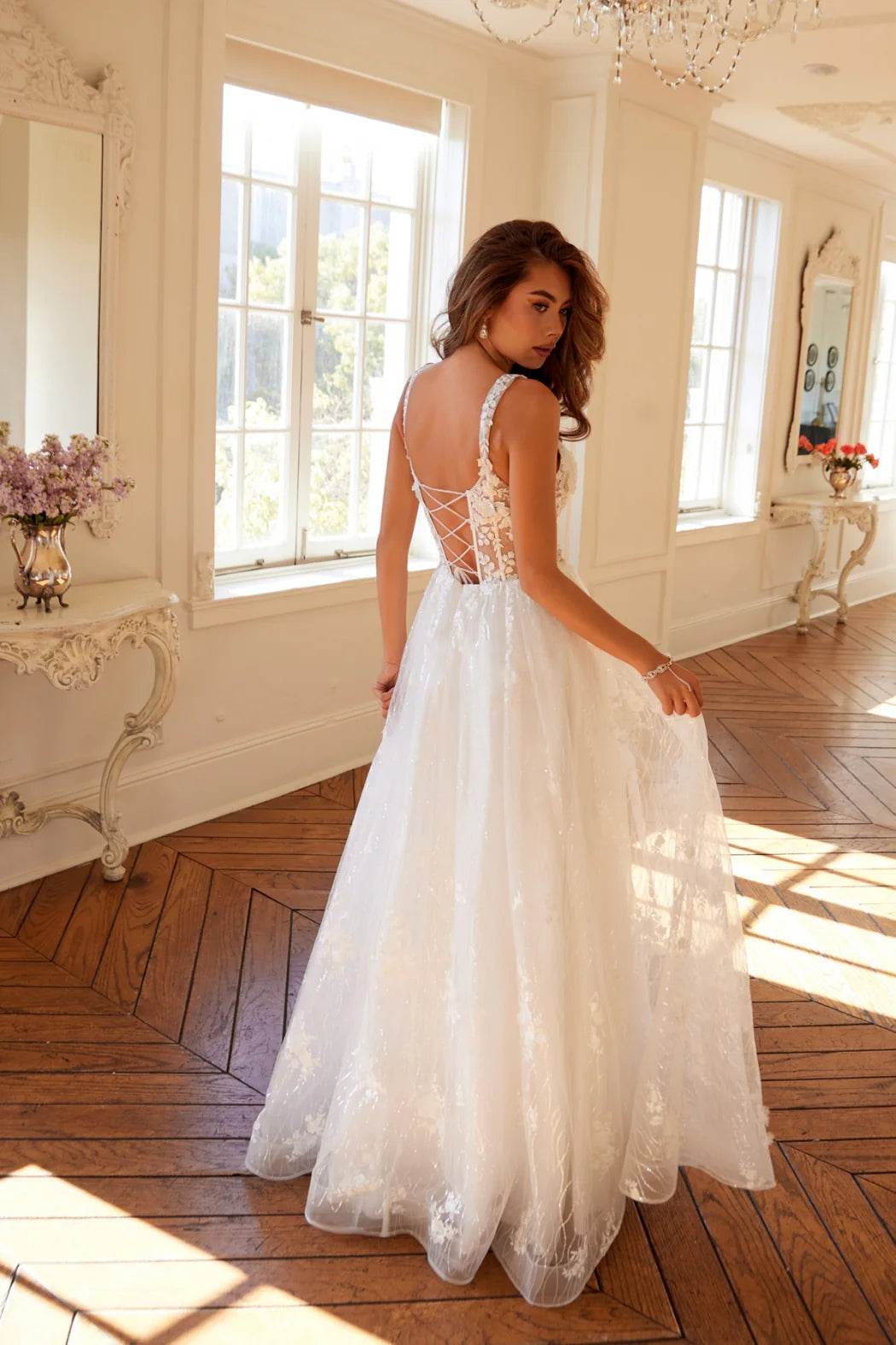 Juliet Sleeveless A-Line Skirt Floral Corset and Straps Wedding Dress - JT2495AW - Rosa Apparel