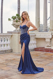 Juliet Spaghetti-Strap Fitted Rhinestone Bodice Gown with High Slit JT2655S Navy Blue