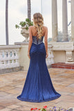 Juliet Spaghetti-Strap Fitted Rhinestone Bodice Gown with High Slit JT2655S Navy Blue