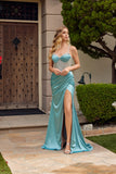 Juliet Spaghetti-Strap Fitted Rhinestone Bodice Gown with High Slit JT2655S Sea Green