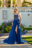 Juliet Strapless Beaded Corset A-Line Gown with Flowing Tulle Skirt and Front Slit JT2640G Navy Blue