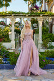 Juliet Strapless Beaded Corset A-Line Gown with Flowing Tulle Skirt and Front Slit JT2640G Rose