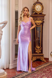 Juliet Stretch Satin Wide Strap Gown with Beaded Bodice and High Slit JT2680R Lilac