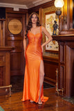 Juliet Stretch Satin Wide Strap Gown with Beaded Bodice and High Slit JT2680R Orange