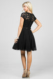 Lace and wool dobby, cap sleeve, fit and flare dress with waist embellishment.