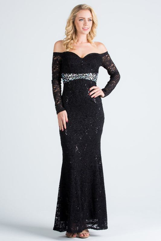 Long sleeve lace off the shoulder waist rhinestone detail mermaid gown