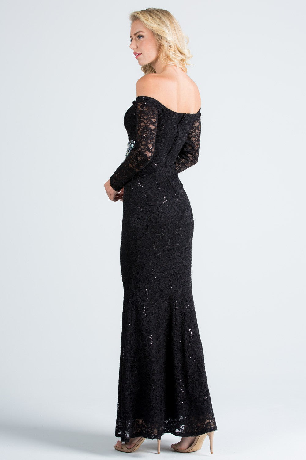 Long sleeve lace off the shoulder waist rhinestone detail mermaid gown
