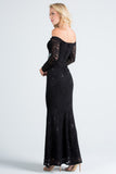 Long sleeve lace off the shoulder waist rhinestone detail mermaid gown
