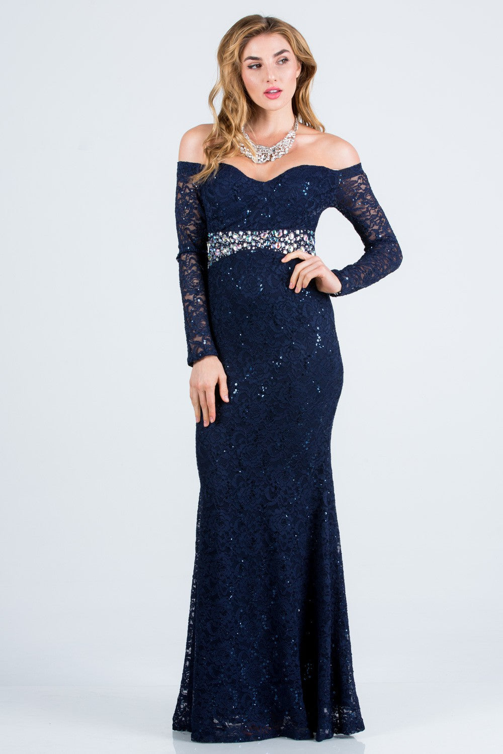 Long sleeve lace off the shoulder waist rhinestone detail mermaid gown