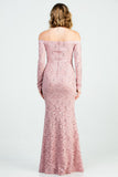 Long sleeve lace off the shoulder waist rhinestone detail mermaid gown