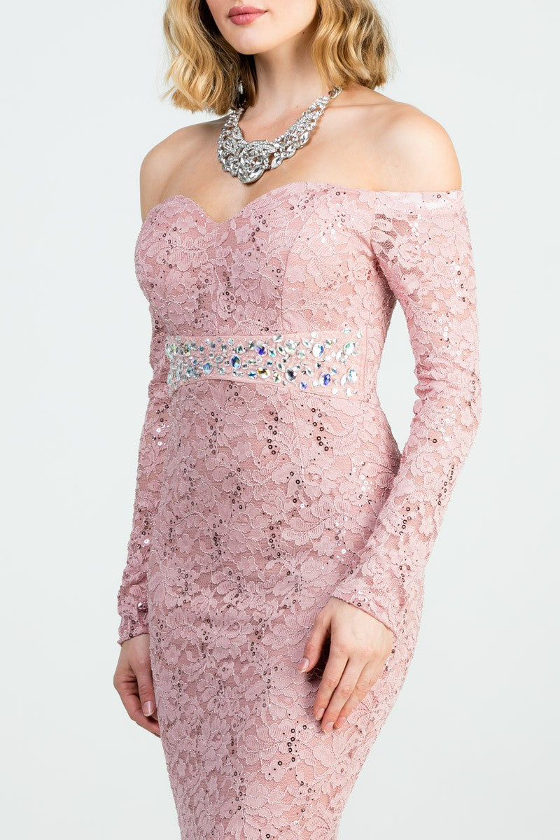 Long sleeve lace off the shoulder waist rhinestone detail mermaid gown