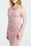Long sleeve lace off the shoulder waist rhinestone detail mermaid gown