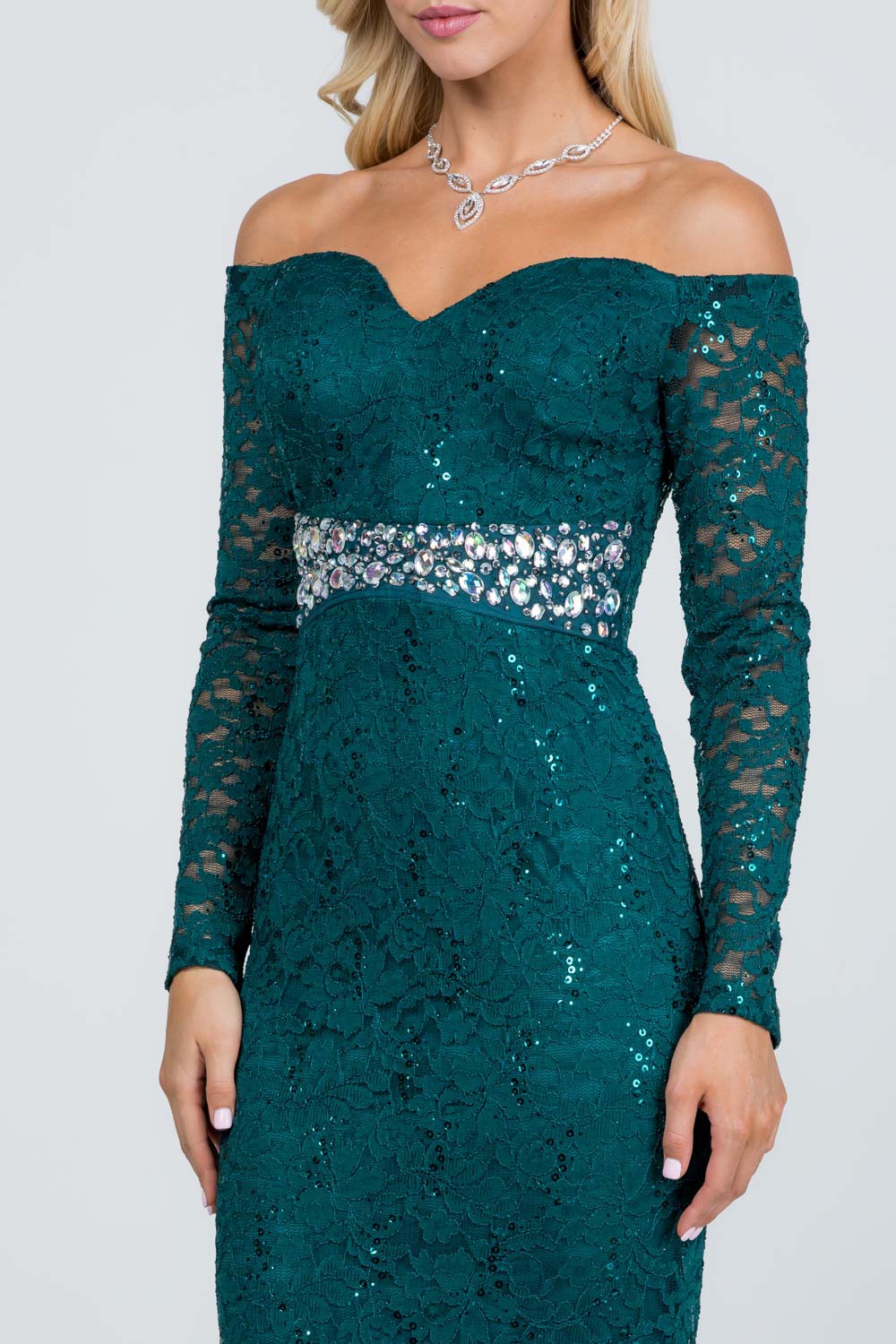 Long sleeve lace off the shoulder waist rhinestone detail mermaid gown