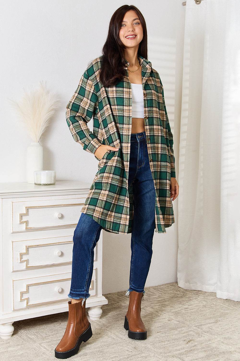 Mandy Plaid Collared Neck Long Sleeve Shirt - Rosa Apparel