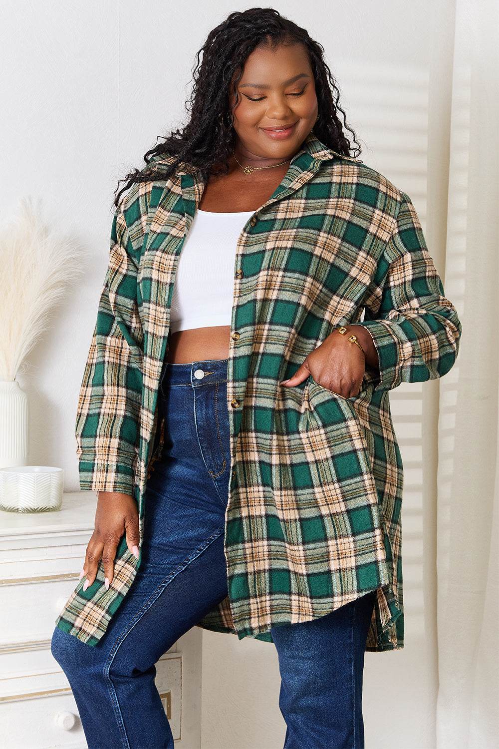 Mandy Plaid Collared Neck Long Sleeve Shirt - Rosa Apparel