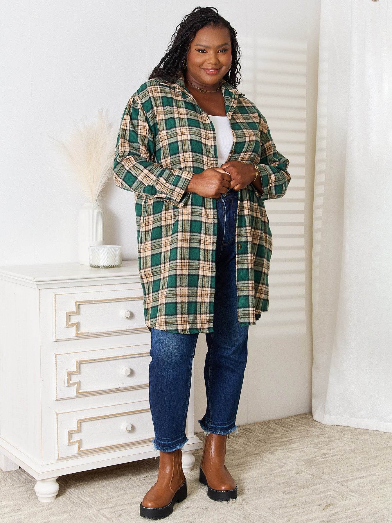 Mandy Plaid Collared Neck Long Sleeve Shirt - Rosa Apparel