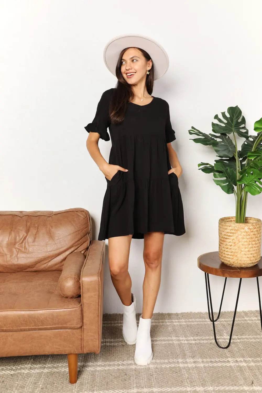 Mandy V-Neck Flounce Sleeve Tiered Dress - Rosa Apparel