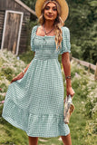 Miss Sparkling Gingham puff sleeve midi dress