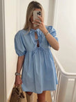 Miss Sparkling Tie Front Puff Sleeve Babydoll Dress
