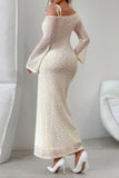 Beige off-shoulder dress with long sleeves in a minimalistic setting
