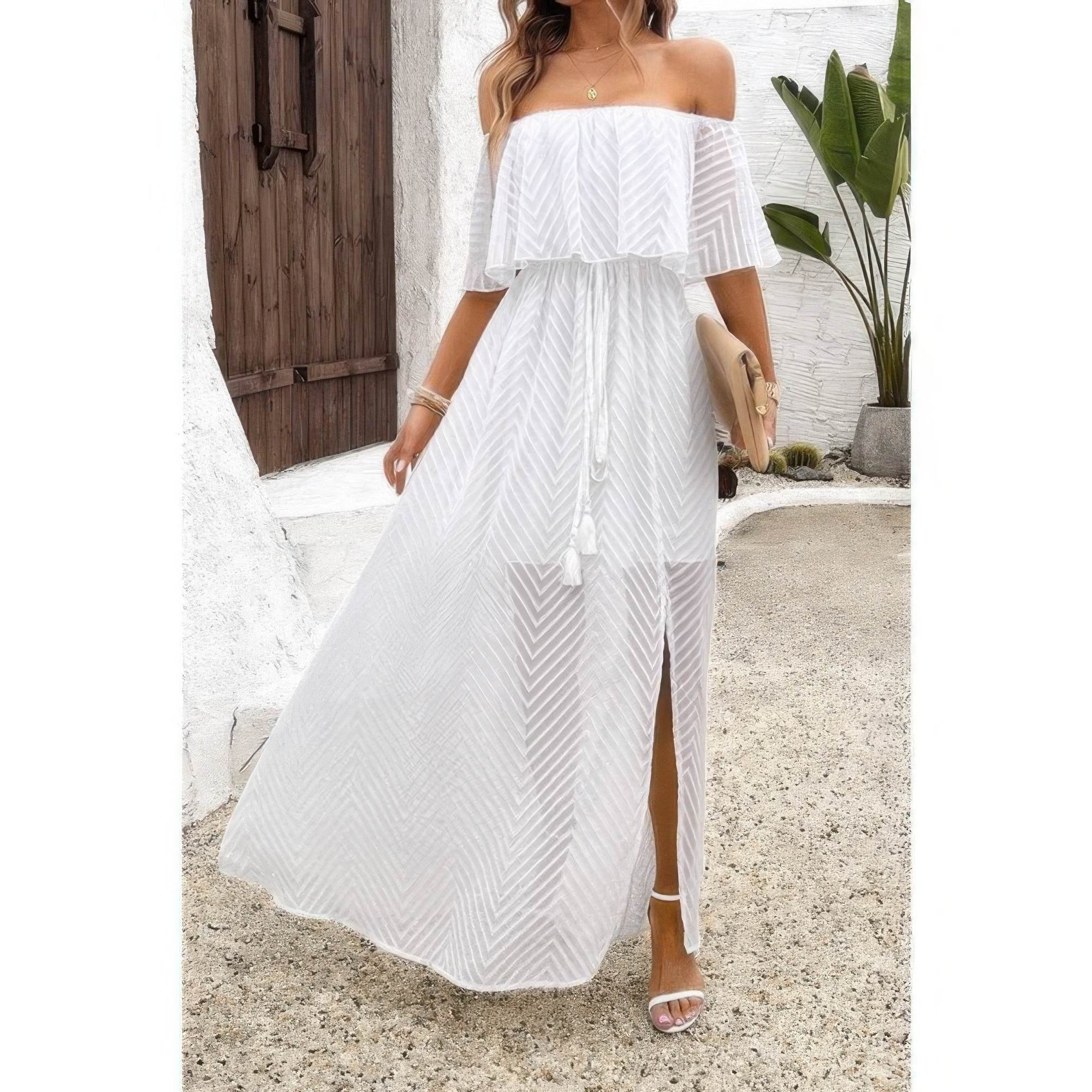 Off Shoulder Solid Tassel Ruffle Trim Split Dress - Rosa Apparel
