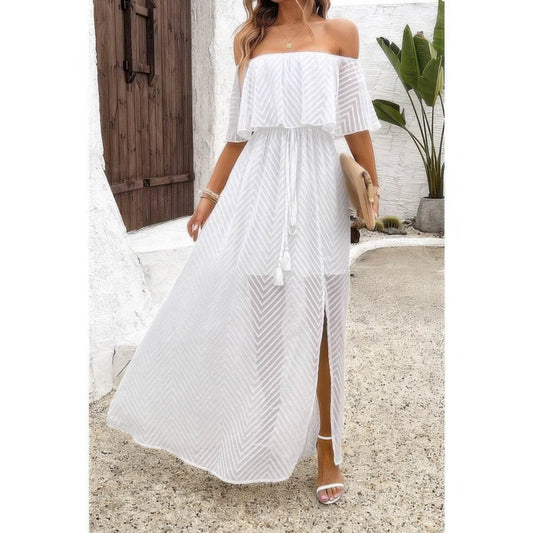 Off Shoulder Solid Tassel Ruffle Trim Split Dress - Rosa Apparel