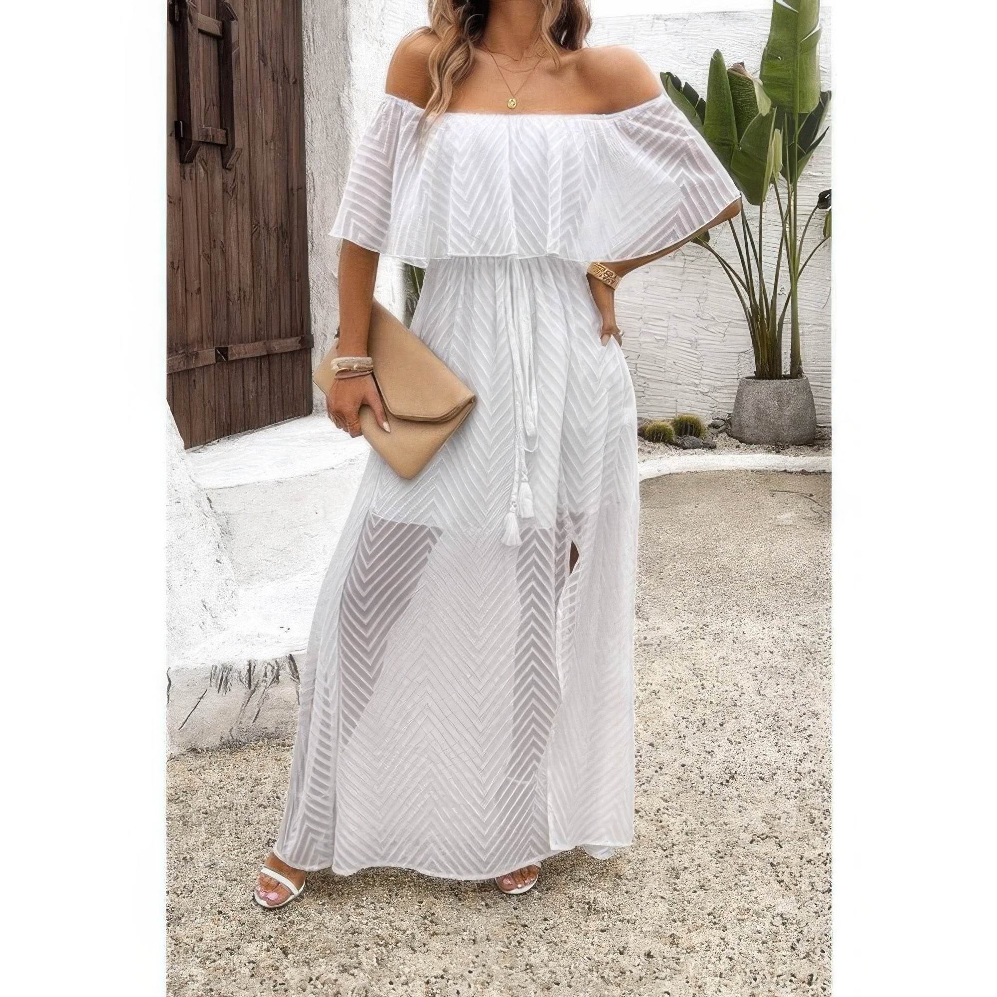 Off Shoulder Solid Tassel Ruffle Trim Split Dress - Rosa Apparel