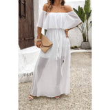Off Shoulder Solid Tassel Ruffle Trim Split Dress - Rosa Apparel