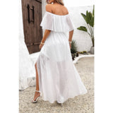 Off Shoulder Solid Tassel Ruffle Trim Split Dress - Rosa Apparel