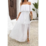Off Shoulder Solid Tassel Ruffle Trim Split Dress - Rosa Apparel